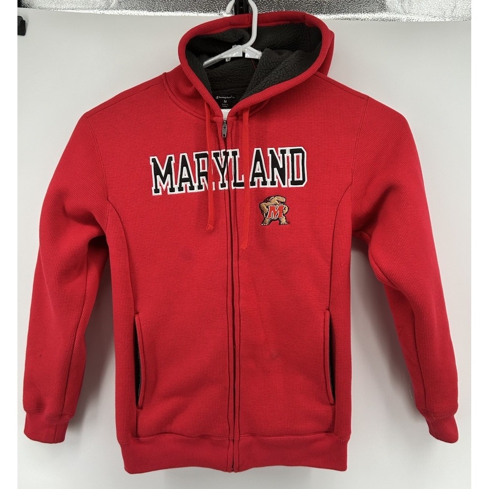 Maryland Terrapins Champion Full Zip Hooded Fleece Lined Sweat Jacket Red Medium